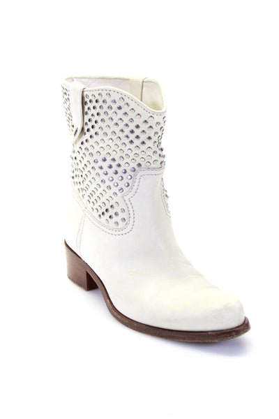 Miu Miu Women's Embellished Pointed Toe Block Heel Western Boots White Size 36