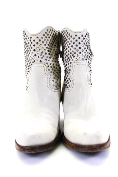 Miu Miu Women's Embellished Pointed Toe Block Heel Western Boots White Size 36