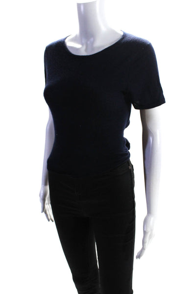 Autumn Cashmere Womens Short Sleeve Round Neck Pullover Blouse Navy Blue Size S