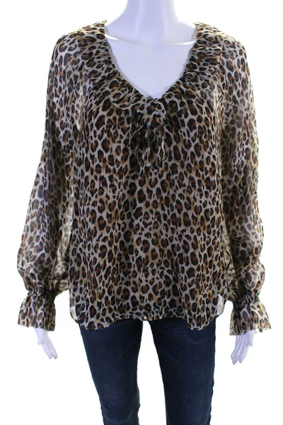 Joie Women's Round Neck Long Sleeves Ruffle Blouse Animal Print Size M