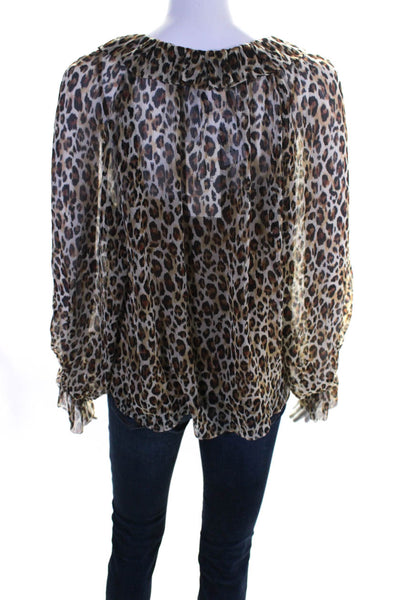 Joie Women's Round Neck Long Sleeves Ruffle Blouse Animal Print Size M