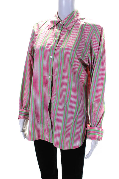 Andrea Becker Womens Button Front Striped Gingham Shirt Pink White Green Large