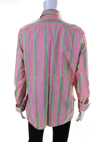 Andrea Becker Womens Button Front Striped Gingham Shirt Pink White Green Large