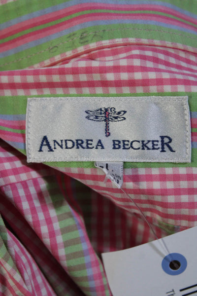 Andrea Becker Womens Button Front Striped Gingham Shirt Pink White Green Large