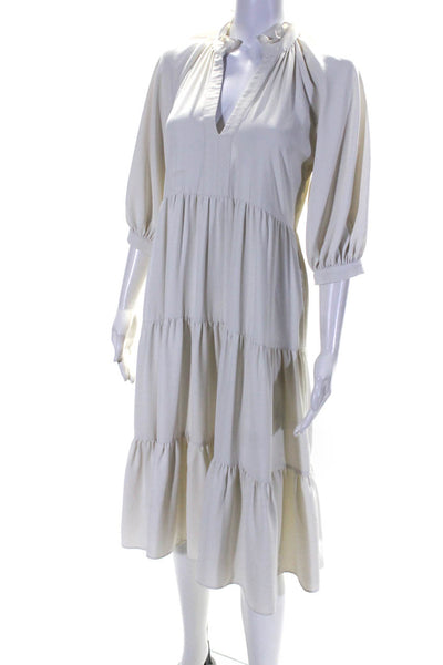 Amanda Uprichard Women's Puff Sleeve V Neck A Line Midi Dress White Size XS