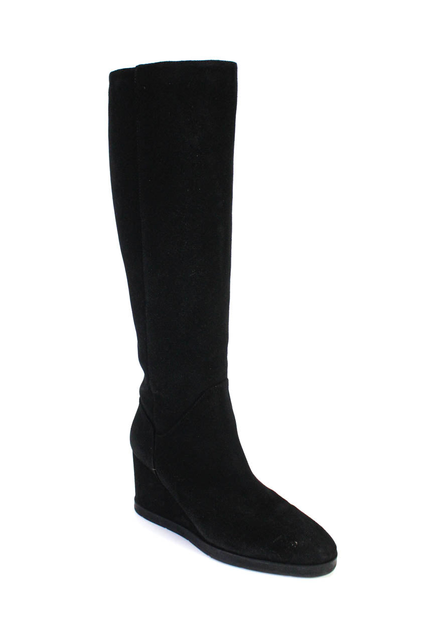 Aquatalia Womens Suede Knee High Zip Up Wedge Heel Boots Black