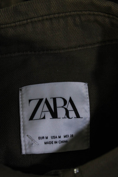 Zara Womens Cotton Fringe Studded Beaded Button-Up Shirt Jacket Green Size M