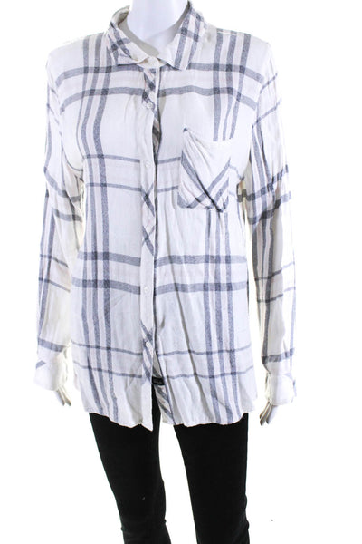 Rails Womens Plaid Long Sleeve Collared Button-Up Flannel Blouse Top White SizeL