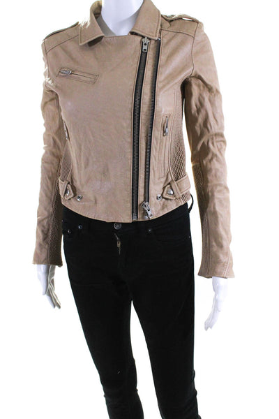 IRO Womens Front Zip Ribbed Trim Collared Leather Jacket Brown Size IT 36