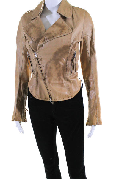 Chine Womens Front Zip Lace Up Trim Collared Leather Jacket Brown Size 1