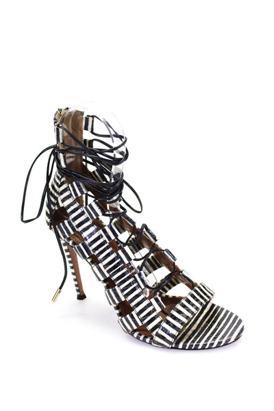 Aquazzura Womens Stiletto Striped Strappy Sandals Black White Leather Size 36.5