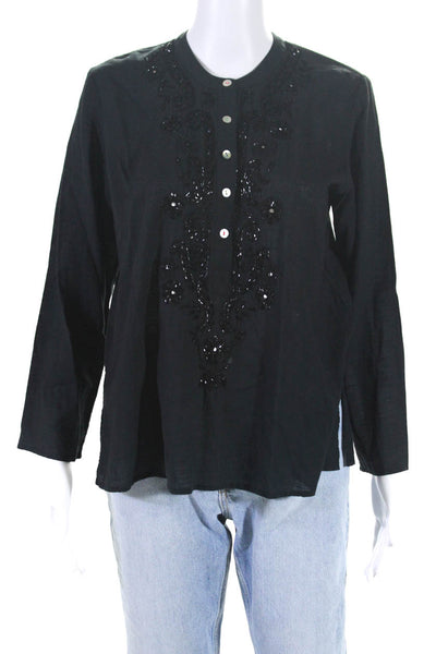 Matta Women's 3/4 Sleeve Button Up Embellished Tunic Blouse Black Size S