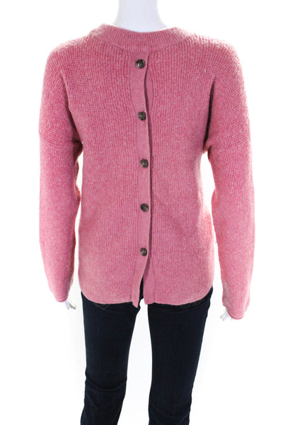 Point Sur Womens Knit Button-Up Back Crew Neck Long Sleeve Sweater Pink Size S