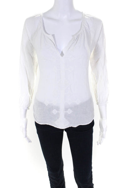 Sundry Womens Cotton Woven Textured V-Neck Long Sleeve Blouse Top White Size 1