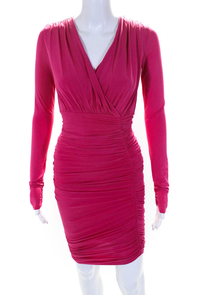 BCBGMAXAZRIA Womens V-Neck Long Sleeve Ruched Mid-Calf Bodycon Dress Pink SizeXS