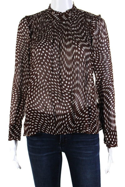 Zara Woman Womens Spotted Ruffled Long Sleeved Blouse Top Brown White Size XS