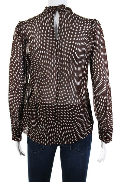 Zara Woman Womens Spotted Ruffled Long Sleeved Blouse Top Brown White Size XS