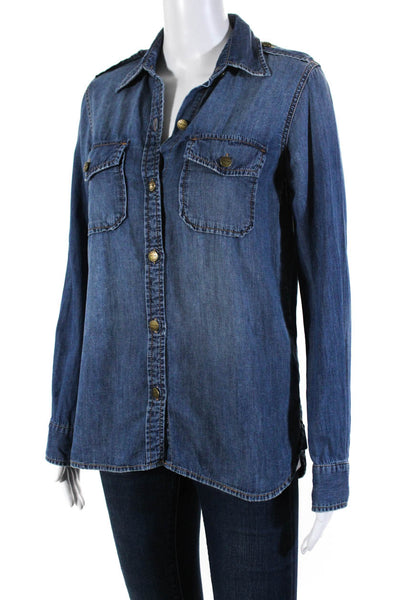 Current/Elliott Womens Chambray Long Sleeves Button Down Shirt Blue Size 0
