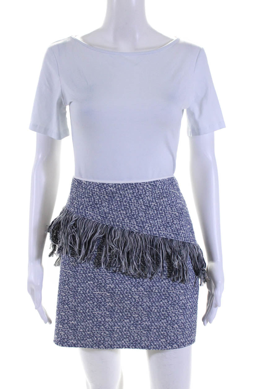 BCBG Max Azria Womens Aneta Fringe Skirt Blue White Cotton Blend