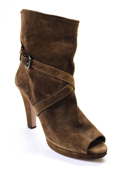 Prada Womens Suede Peep Toe Buckled Mid Calf Block Heel Boots Brown Size 40 10