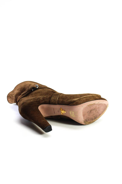 Prada Womens Suede Peep Toe Buckled Mid Calf Block Heel Boots Brown Size 40 10