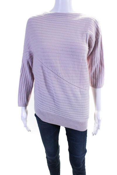 Lewit Women's Boat Neck Short Sleeves Ribbed Cashmere Sweater Pink Size M