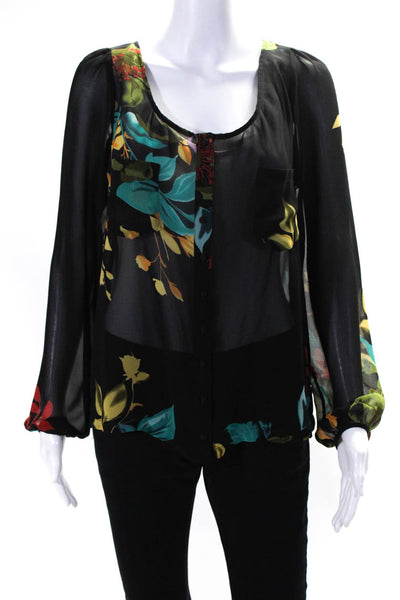 PJK Patterson J Kincaid Womens Floral Buttoned Long Sleeve Blouse Black Size S