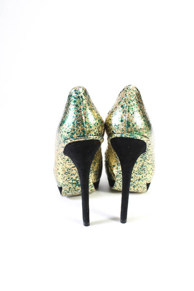 Alexandre Birman Womens Green Gold Snakeskin Print Peep Toe Pumps Shoes Size 7