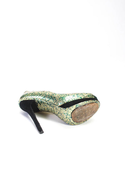 Alexandre Birman Womens Green Gold Snakeskin Print Peep Toe Pumps Shoes Size 7