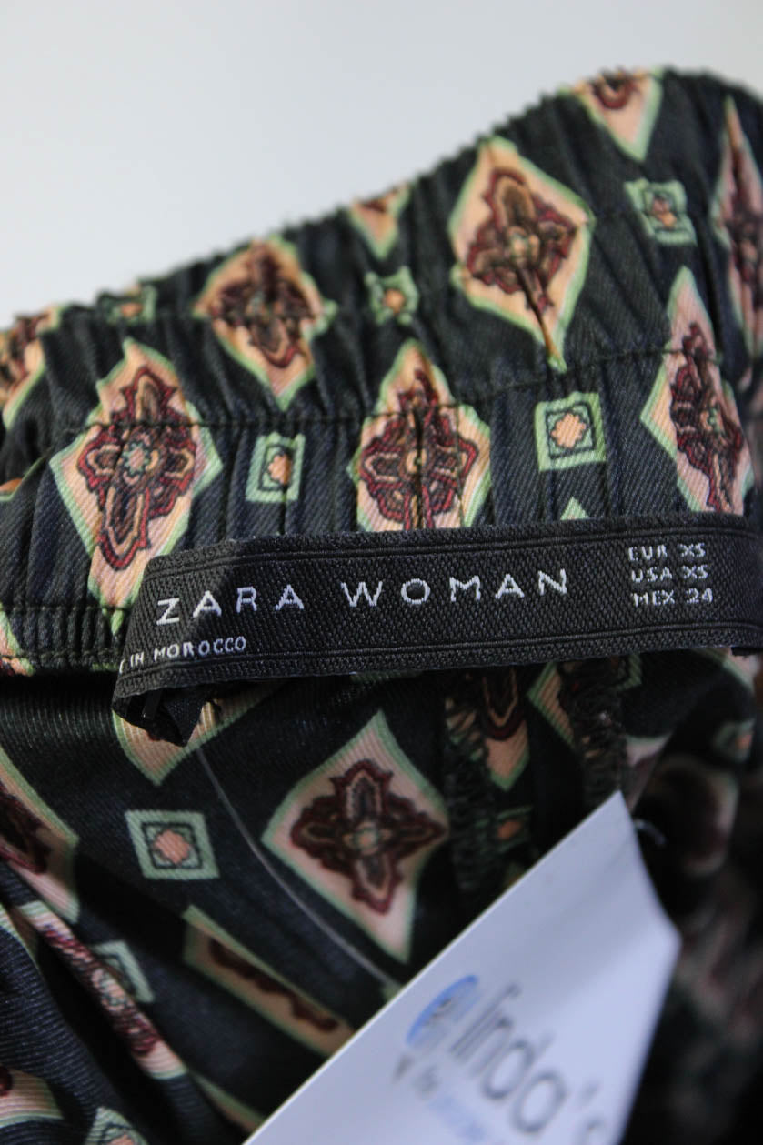Zara Women's Geometric Print Elastic Waist Wide Leg Pants Black