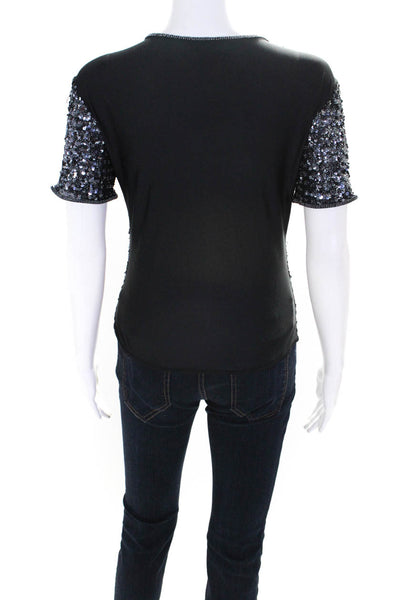 Escada Women's Short Sleeve V-Neck Sequin Blouse Black Size S