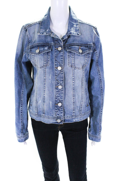 BLANKNYC Women's Collar Long Sleeves Distress Medium Wash Jean Jacket Size L