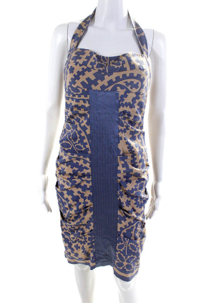 Nicole Miller Collection Womens Halter Top Ruched Bodycon Dress Blue Tan Size 12