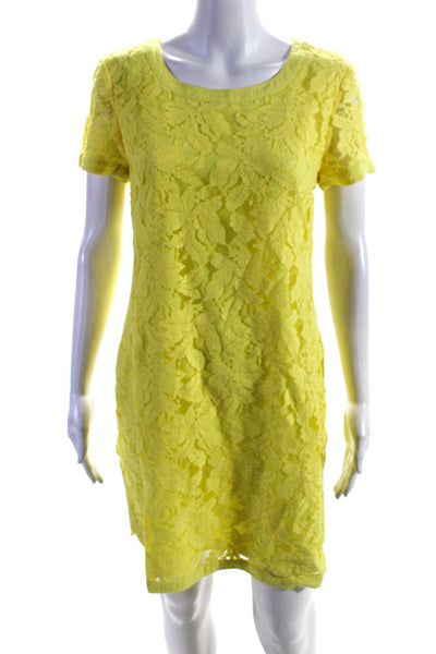 Donna Morgan Womens Floral Lace Scoop Neck Short Sleeved Dress Yellow Size 8