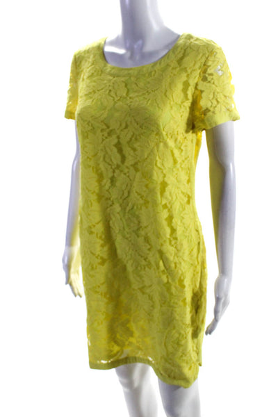 Donna Morgan Womens Floral Lace Scoop Neck Short Sleeved Dress Yellow Size 8