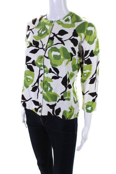 Charter Club Women's Floral Print Button Down Knit Blouse Green Size M