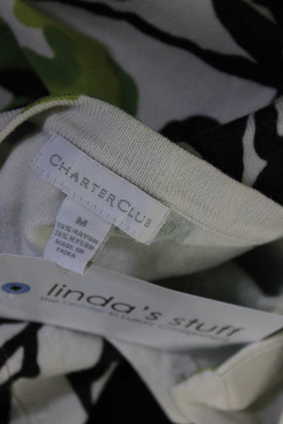 Charter Club Women's Floral Print Button Down Knit Blouse Green Size M