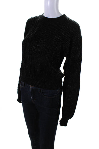 R+A Womens Cotton Distressed Cable Knit Sparkly Pullover Sweater Black Size S
