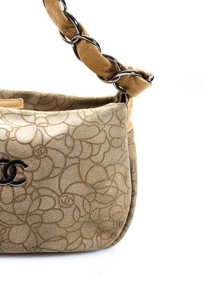 Chanel Womens Suede Camellia Floral Print Chain Link Strap Shoulder Handbag Beig