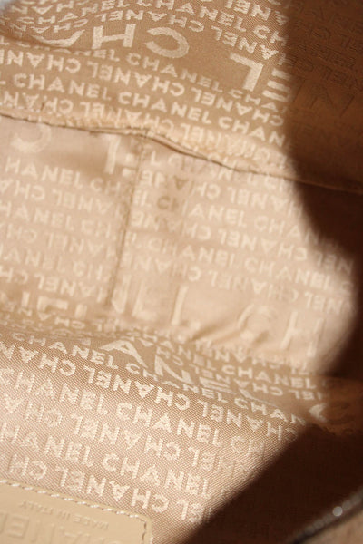 Chanel Womens Suede Camellia Floral Print Chain Link Strap Shoulder Handbag Beig