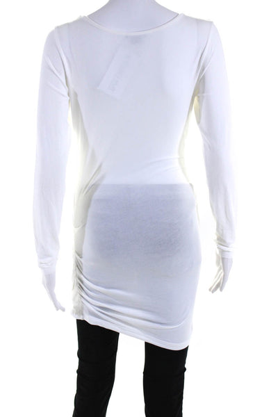 Theory Womens Long Sleeve Scoop Neck Ruched Tee Shirt White Cotton Size Medium