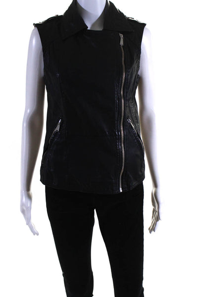 Aqua Womens Leather Collared Sleeveless Asymmetrical Zip-Up Vest Black Size XS