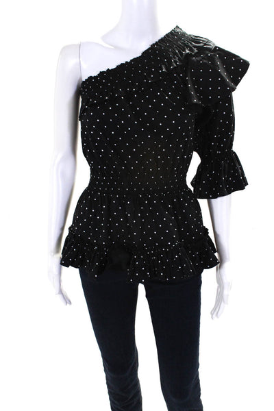 Misa Womens Black Cotton Polka Dot One Shoulder Long Sleeve Blouse Top Size S