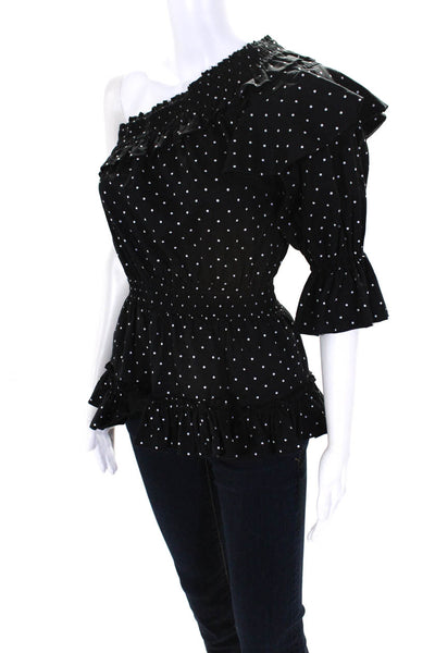 Misa Womens Black Cotton Polka Dot One Shoulder Long Sleeve Blouse Top Size S