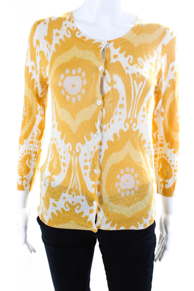 J Crew Womens Button Front Silk Knit Cardigan Sweater Yellow White Size Small