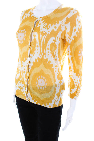 J Crew Womens Button Front Silk Knit Cardigan Sweater Yellow White Size Small