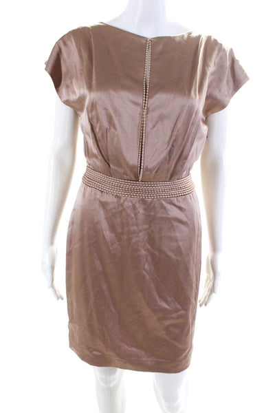 Zac Posen Womens Beaded Trim Deep V Neck Satin Sheath Dress Nude Size 2