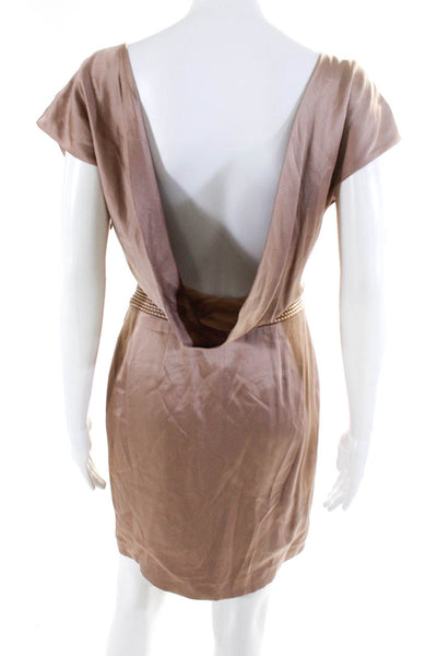 Zac Posen Womens Beaded Trim Deep V Neck Satin Sheath Dress Nude Size 2