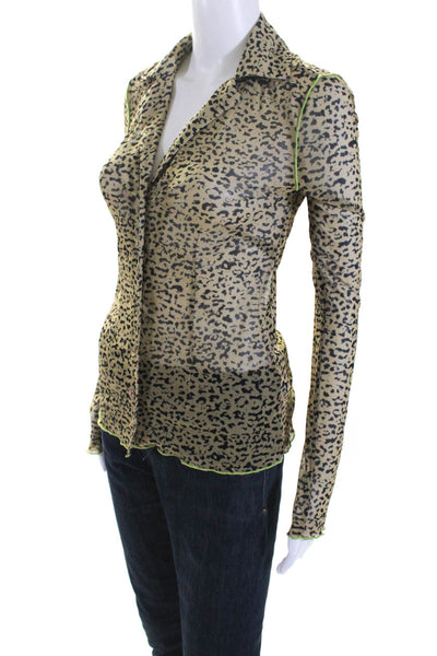 Hansen & Gretel Womens Button Front Mesh Leopard Print Shirt Brown Size Small