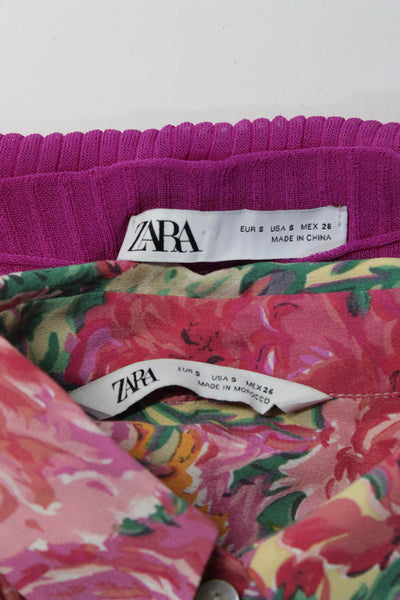 Zara Womens Button Front Floral Shirt Knit Dress Pink Multi Size Small Lot 2